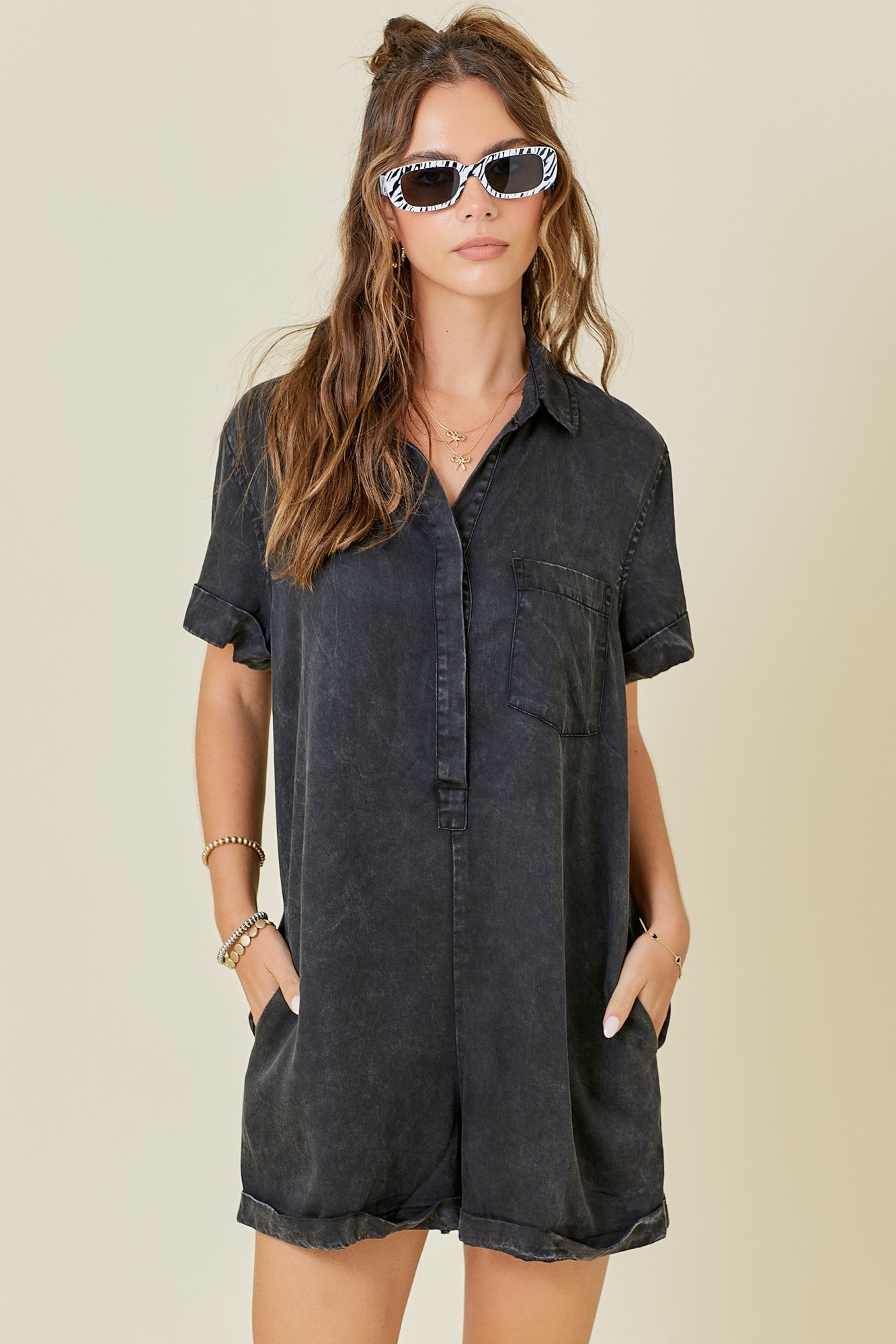 WASHED DENIM CUFF SLEEVE ROMPER