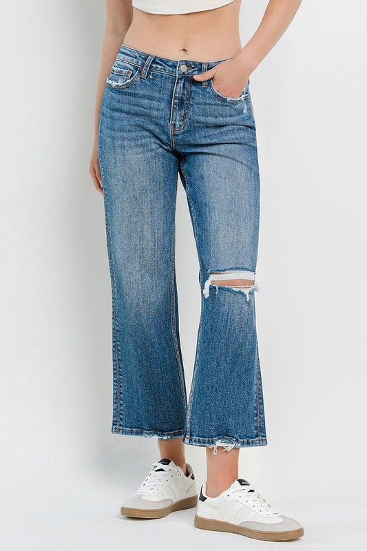 HIGH RISE DISTRESSED SLIM WIDE JEANS