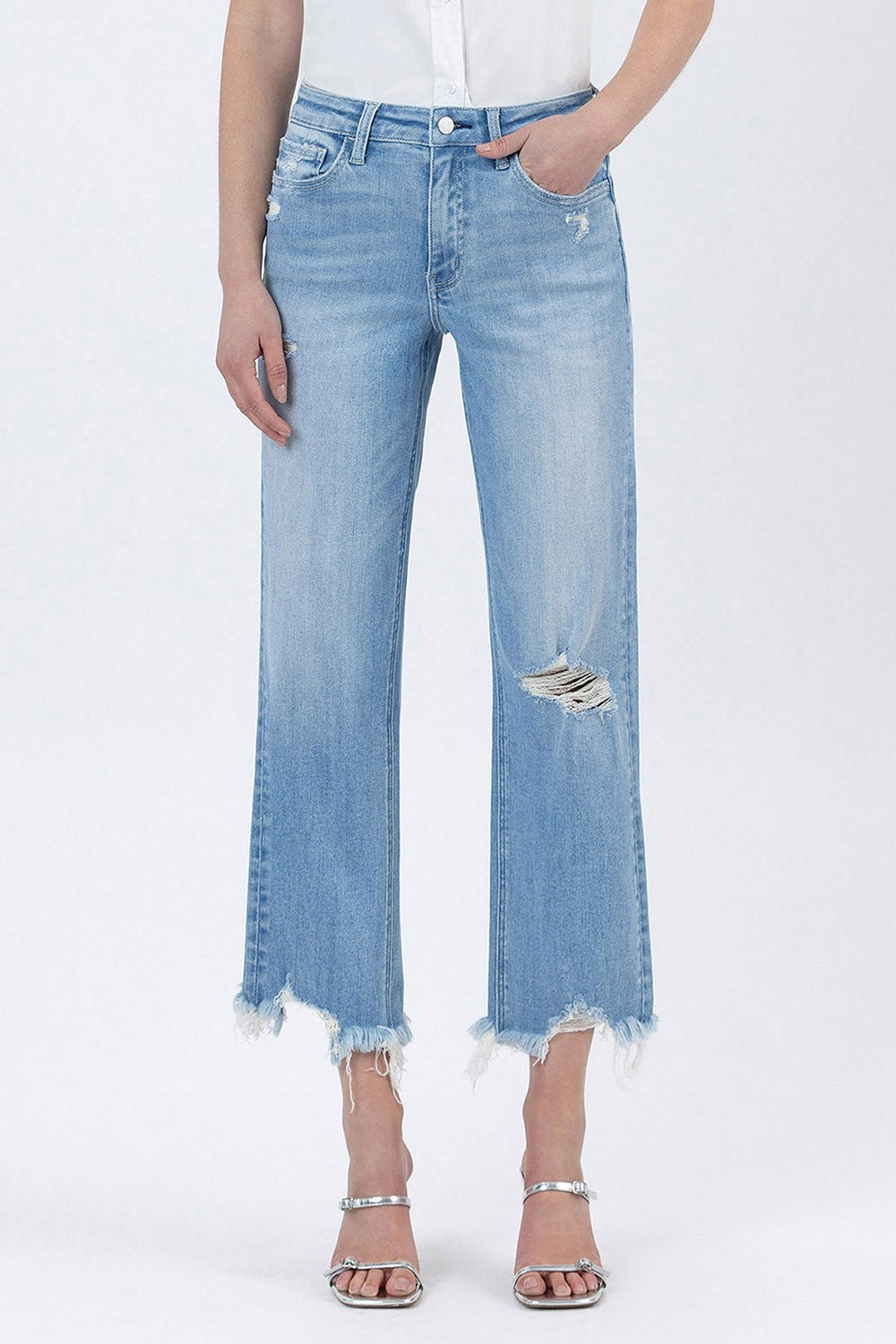 HIGH RISE SLIM WIDE DISTRESSED CROP JEANS