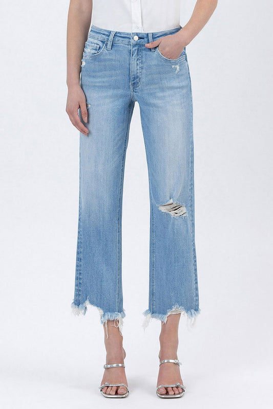 HIGH RISE SLIM WIDE DISTRESSED CROP JEANS