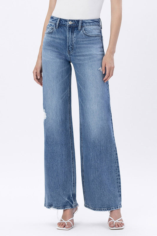HIGH RISE DISTRESSED WIDE LEG JEANS