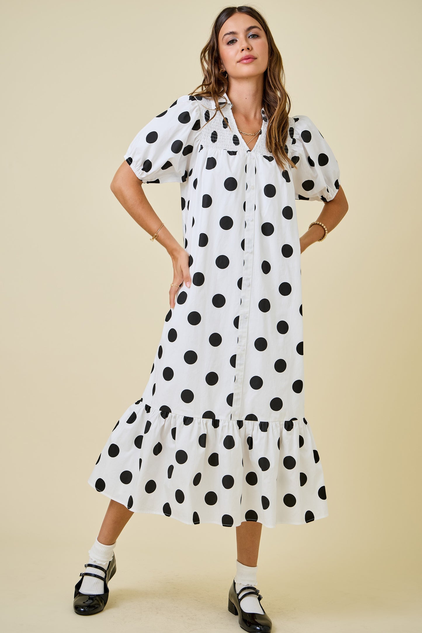 POLKA DOT BUTTON DOWN MIDI DRESS