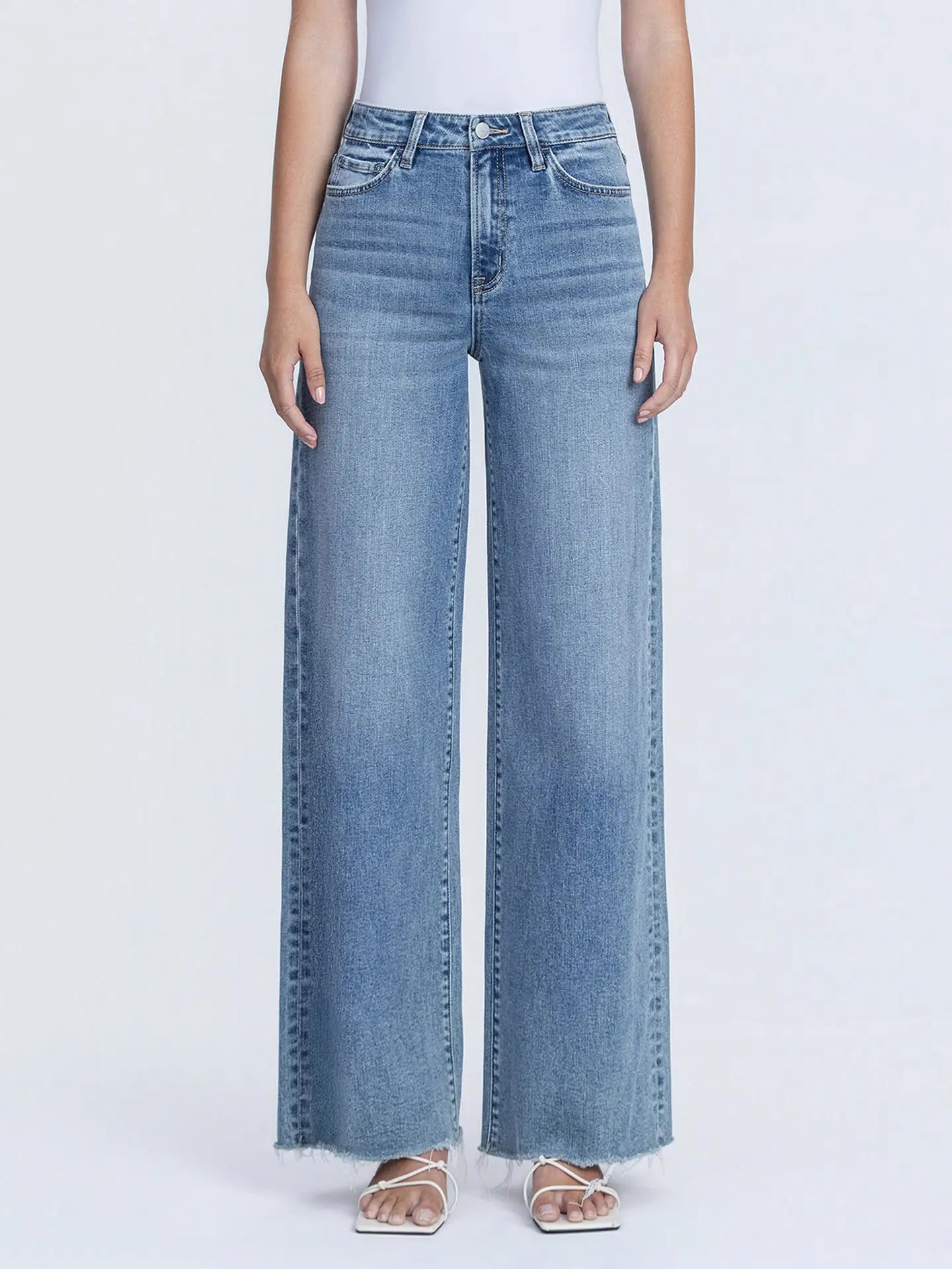 SUPER HIGH RISE MEDIUM WASH WIDE LEG JEANS