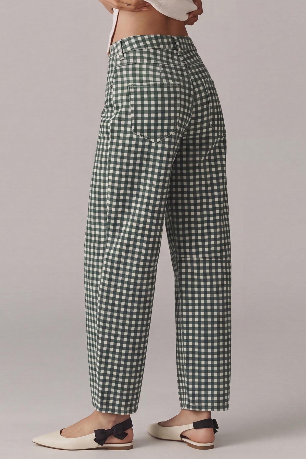 WASHED GINGHAM PRINT BARREL PANTS