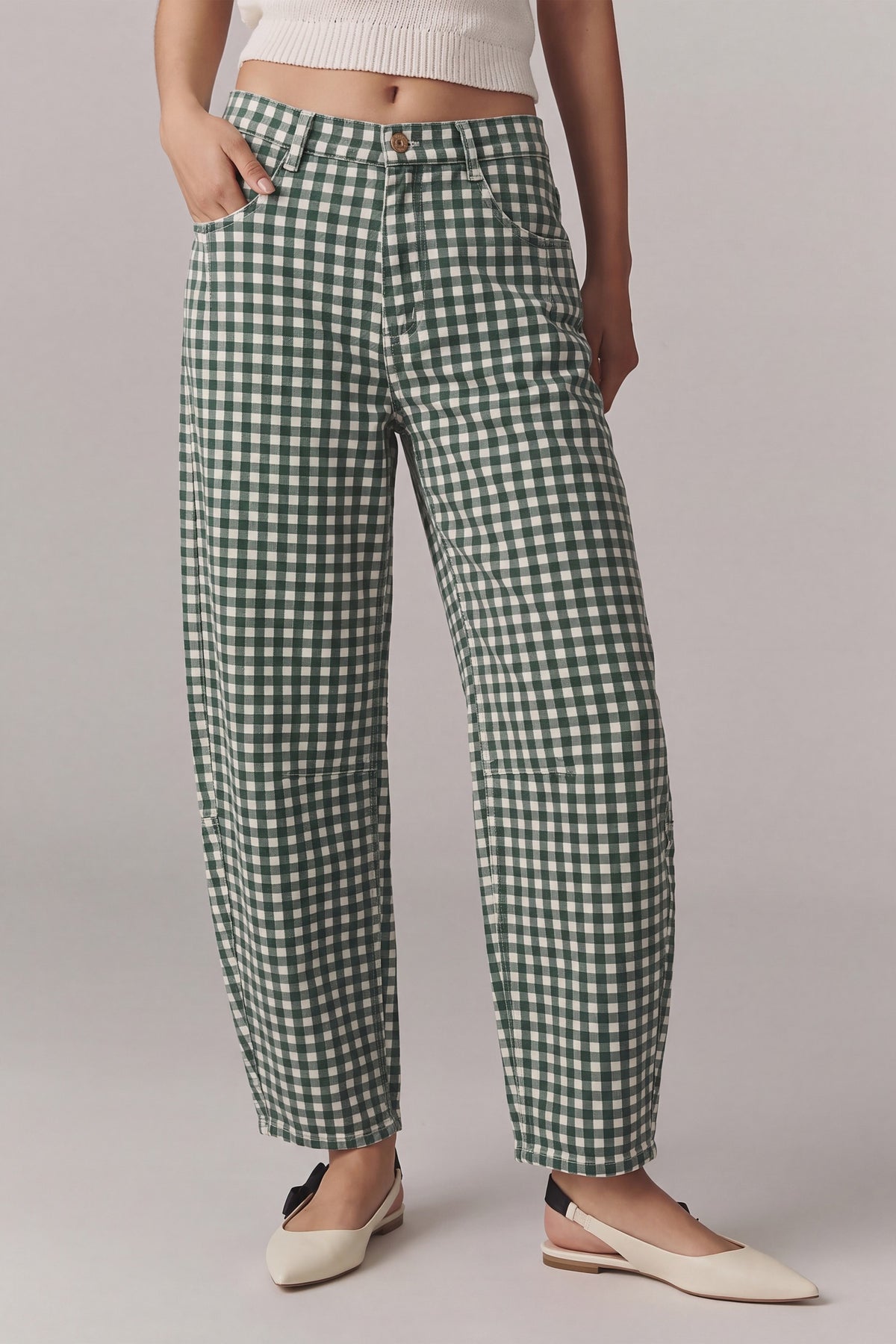 WASHED GINGHAM PRINT BARREL PANTS
