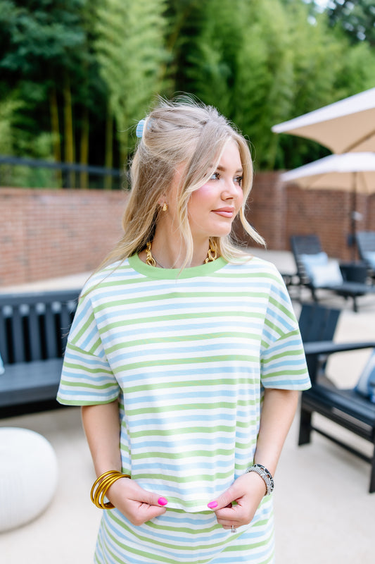 BLUE AND GREEN STRIPE TSHIRT TOP