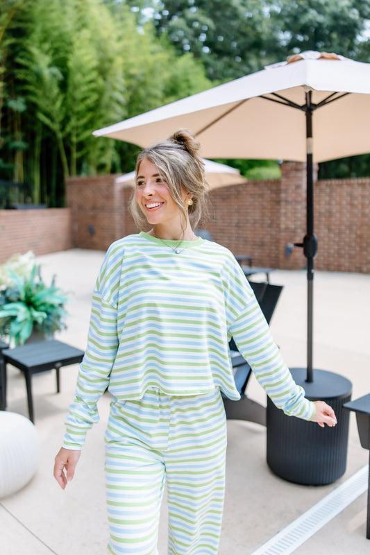 BLUE AND GREEN STRIPE LONG SLEEVE TOP