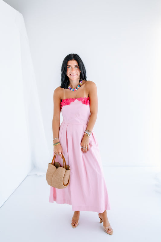 THE FAVE FLORAL APPLIQUE MIDI DRESS