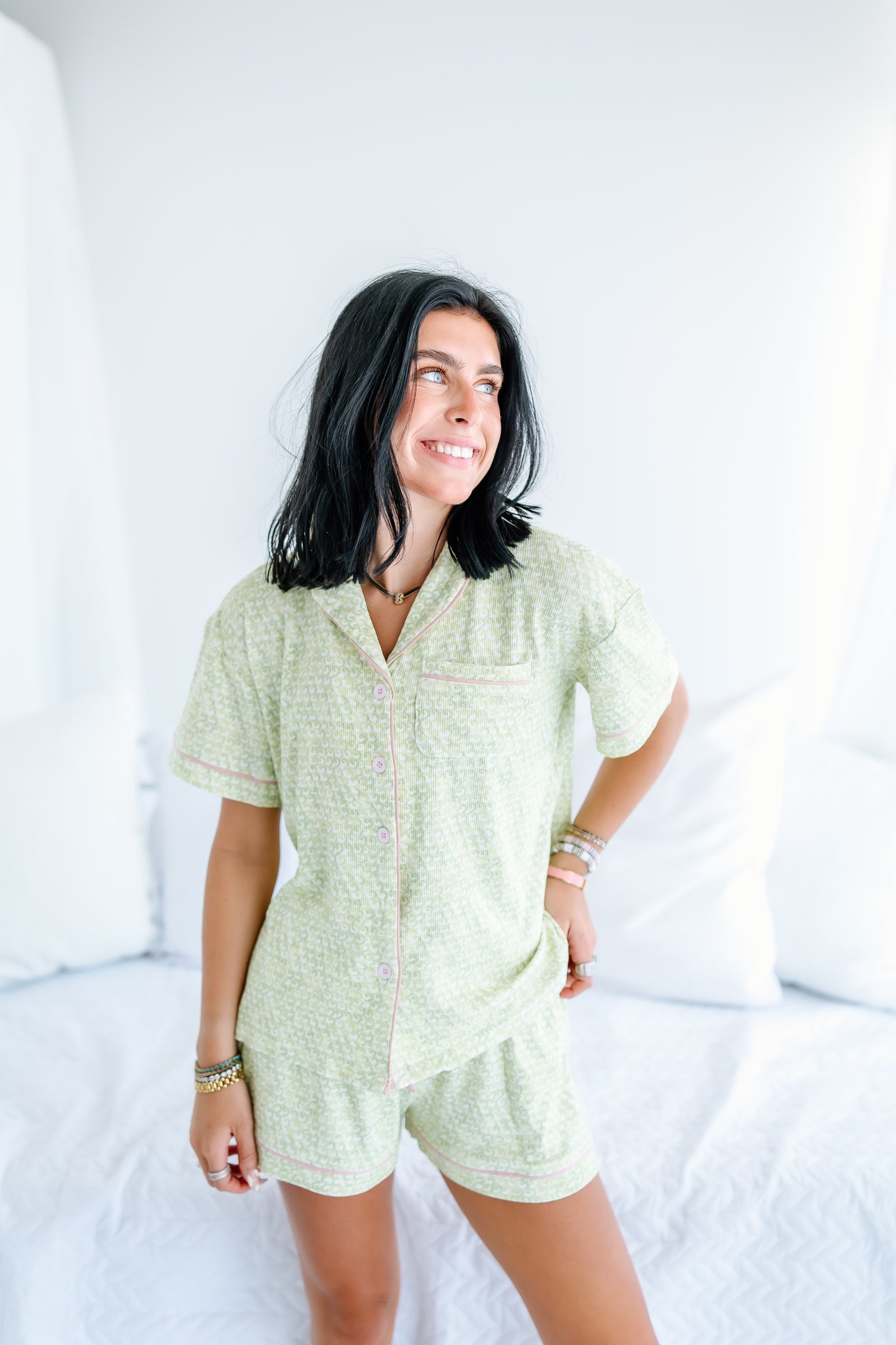 GREEN SCALLOPS RIBBED BAMBOO PAJAMA SET