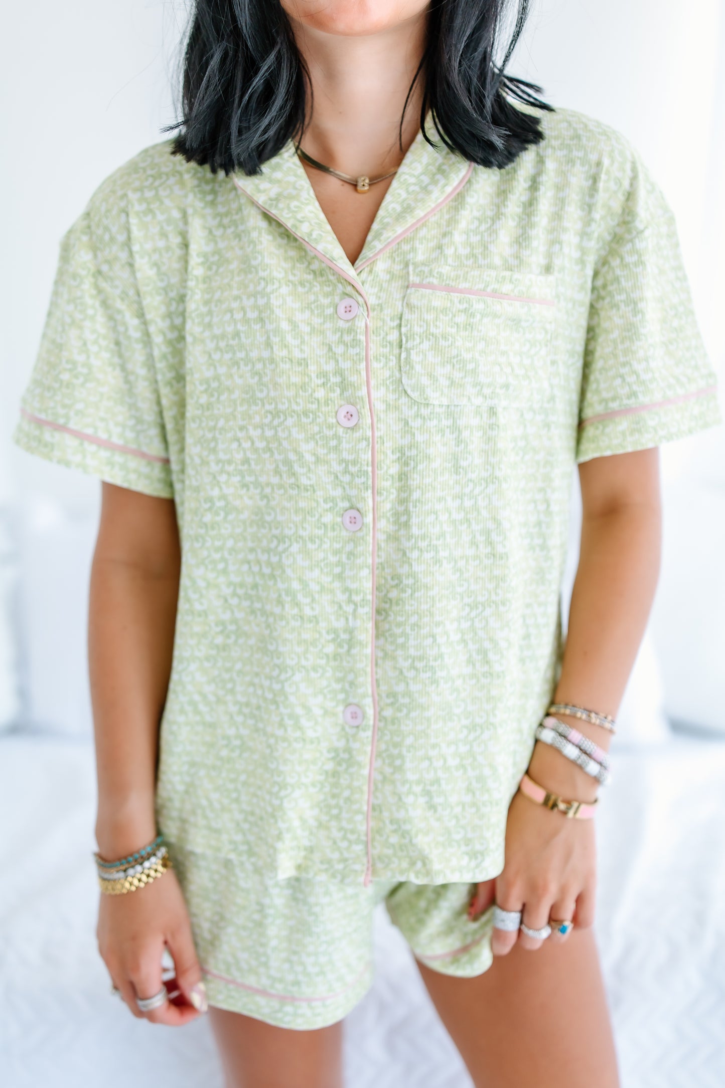 GREEN SCALLOPS RIBBED BAMBOO PAJAMA SET