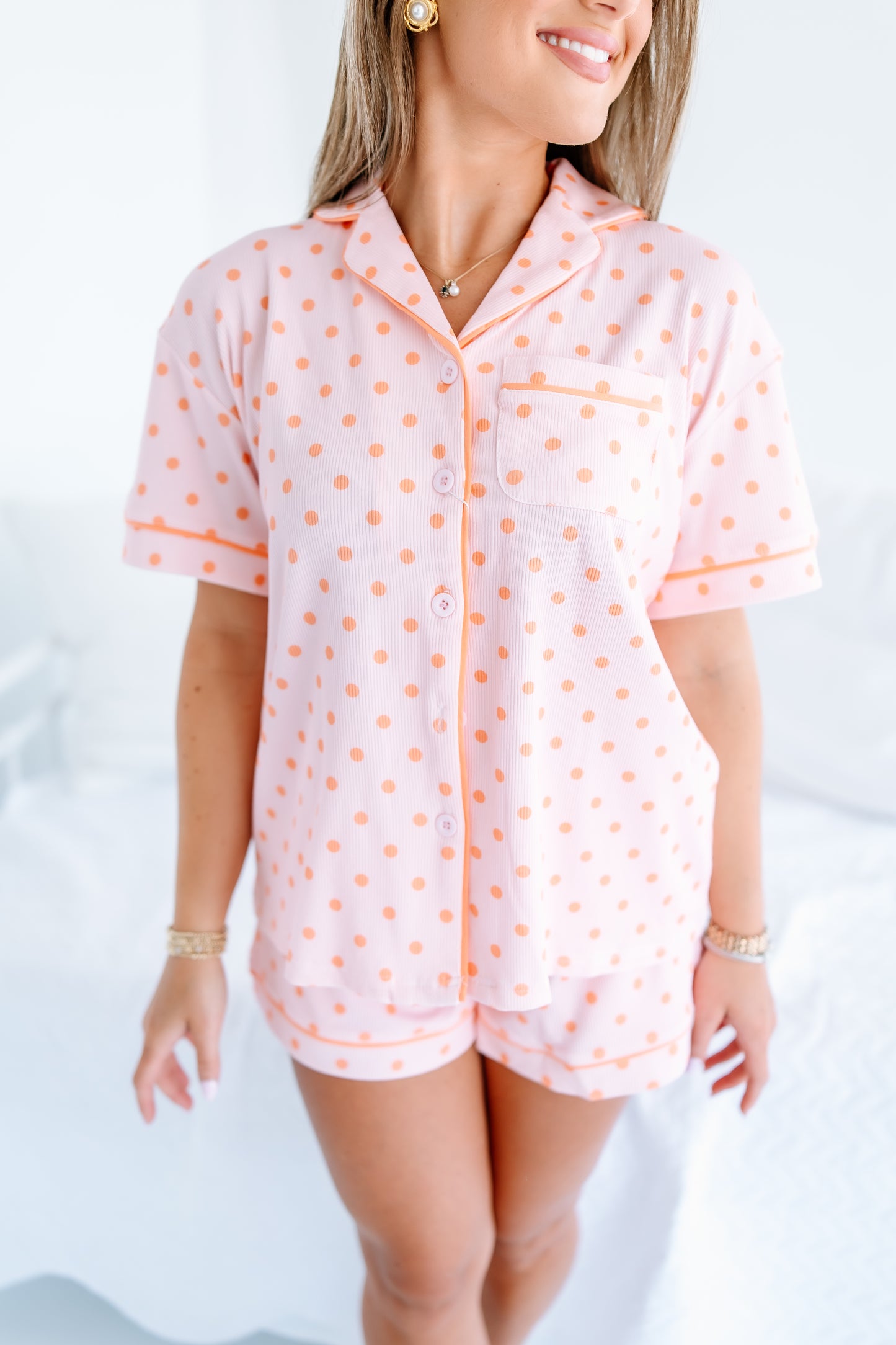 PEACH POLKA DOT RIBBED BAMBOO PAJAMA SET