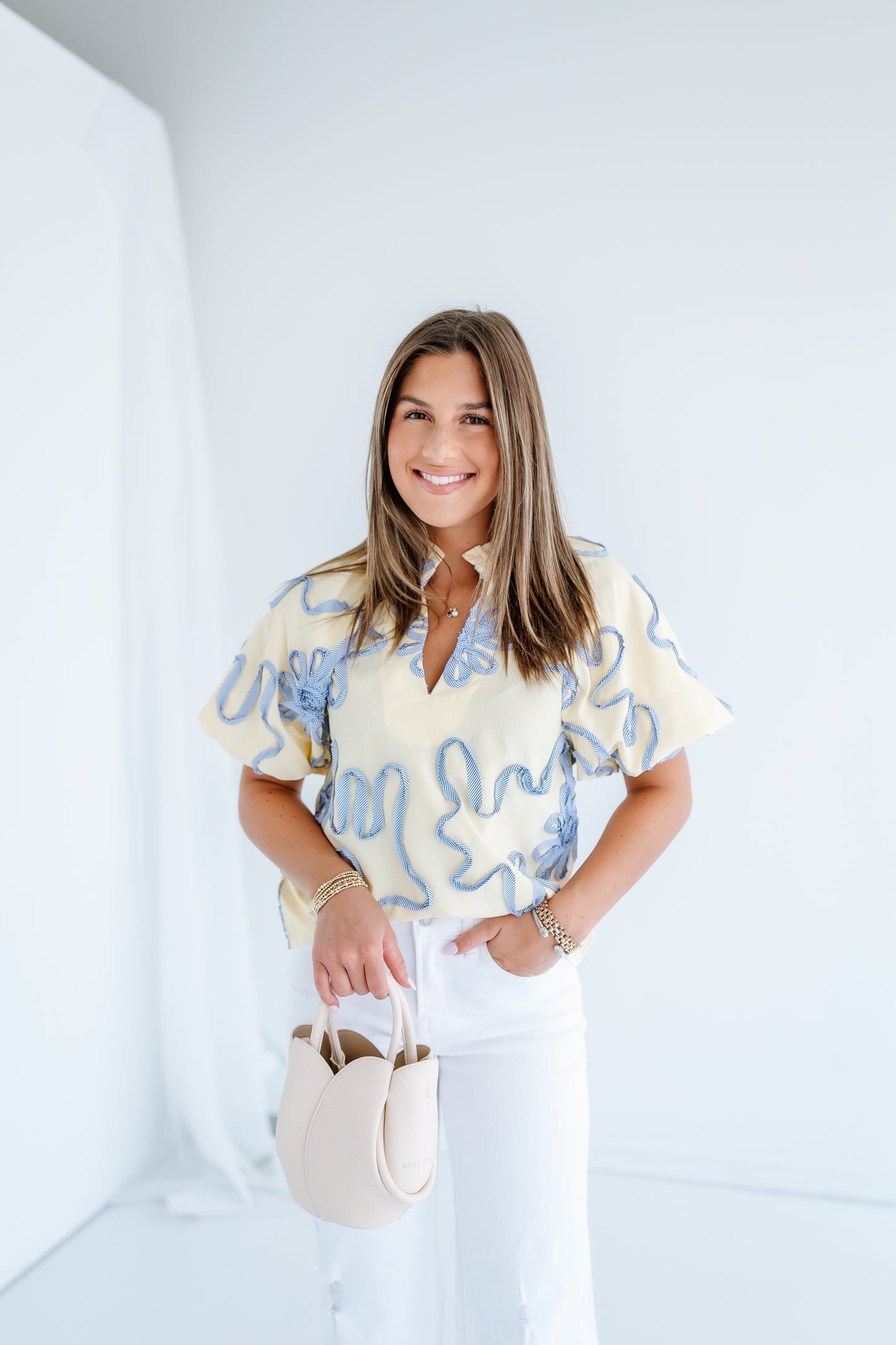 YELLOW FLORAL RIBBON EMBROIDERED TOP