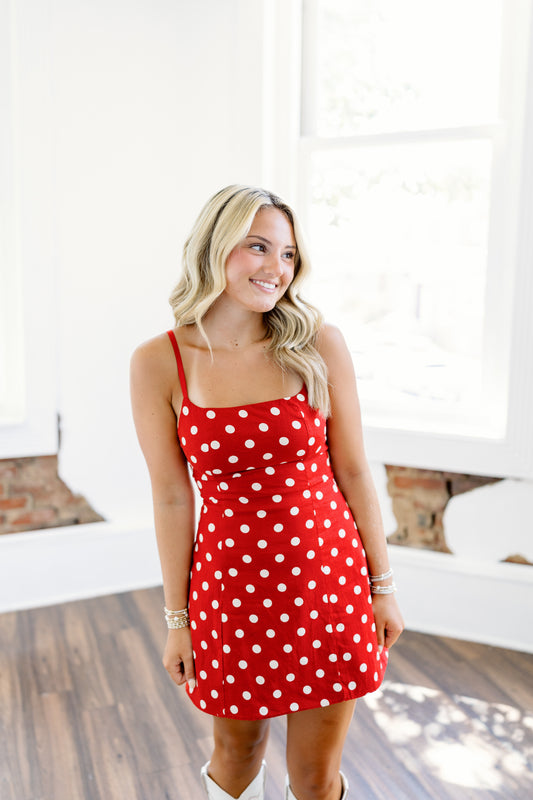 ON THE MAP POLKA DOT MINI DRESS