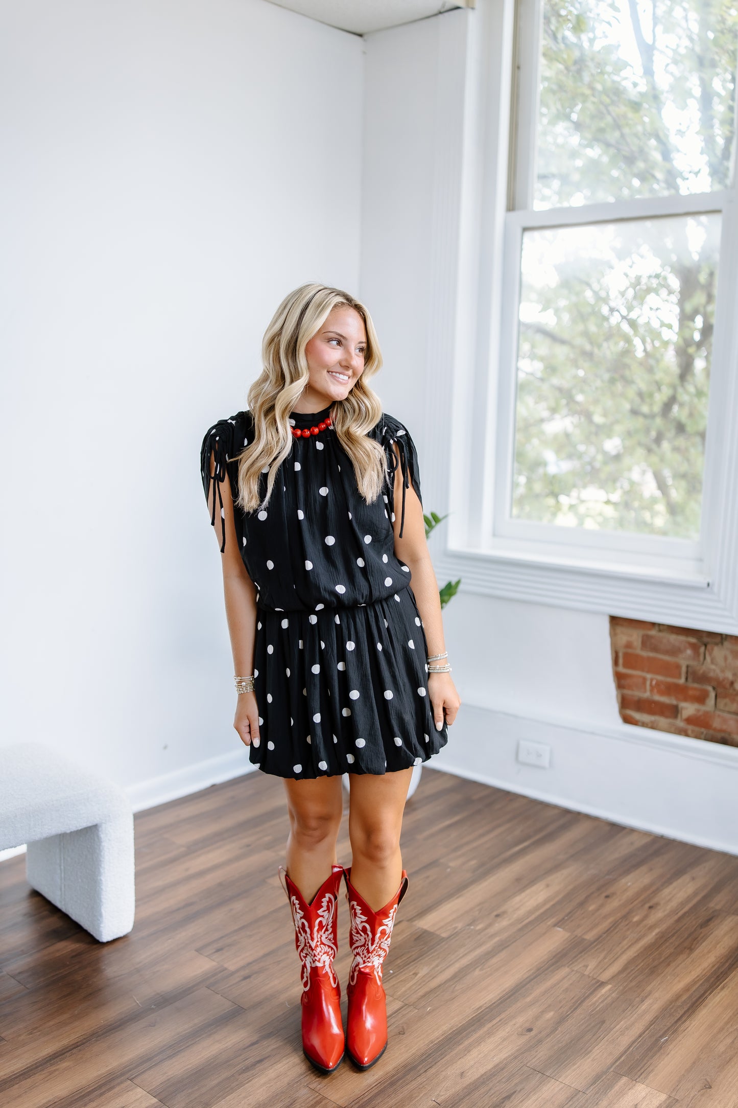 ALL THINGS CLASS POLKA DOT MINI DRESS