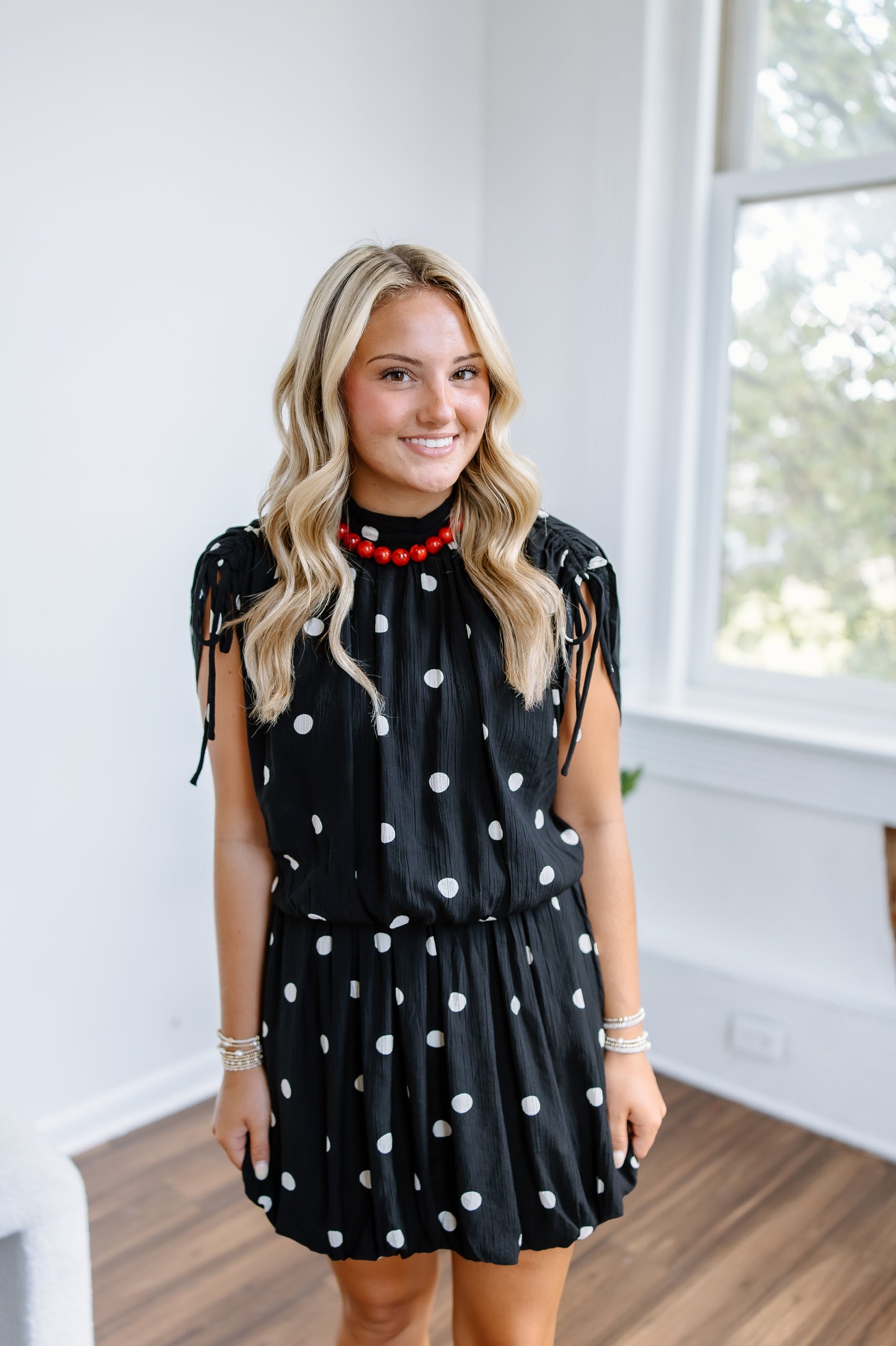 ALL THINGS CLASS POLKA DOT MINI DRESS