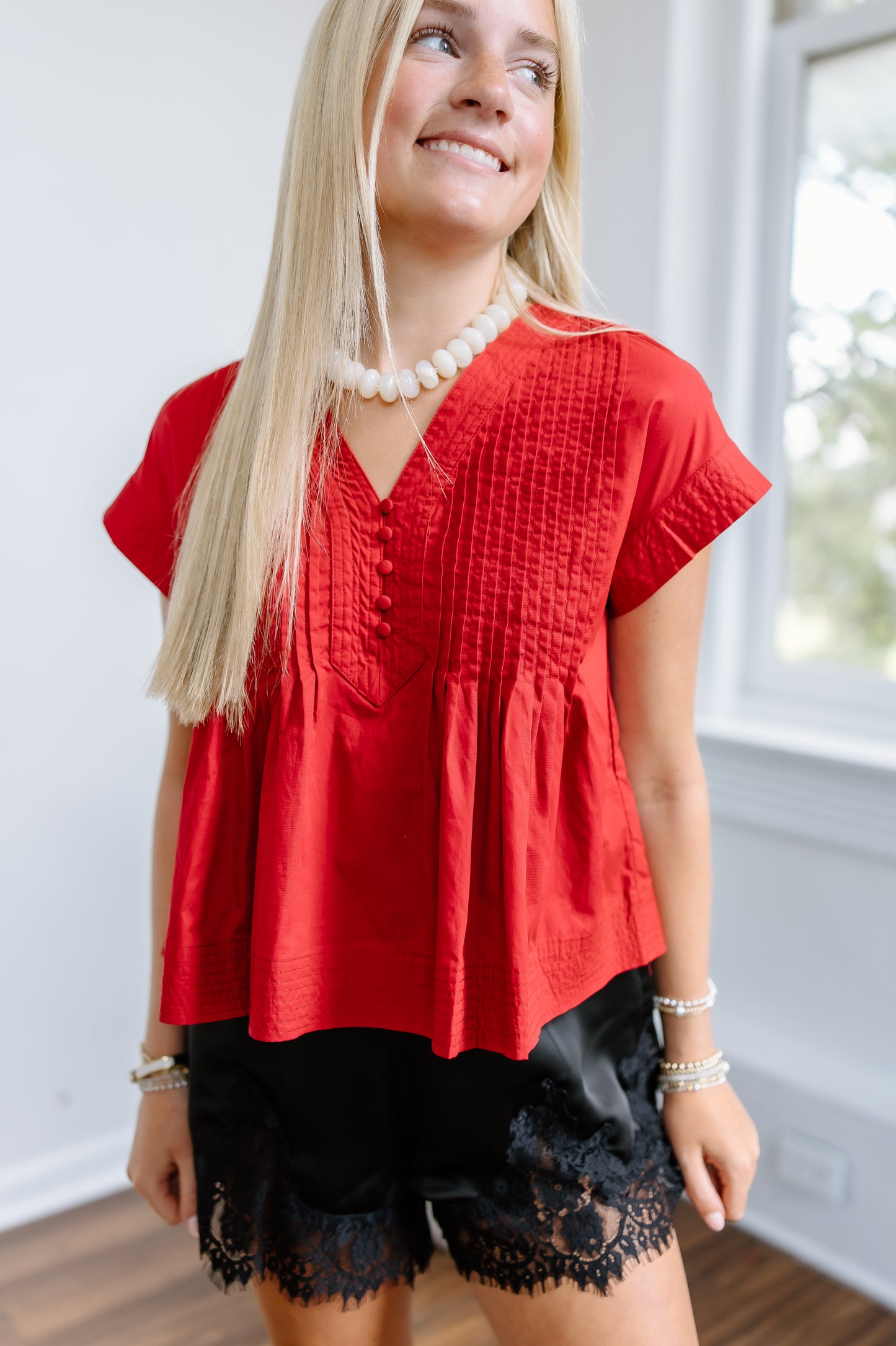 ALL ABOVE PINTUCK PLEATED POPLIN TOP