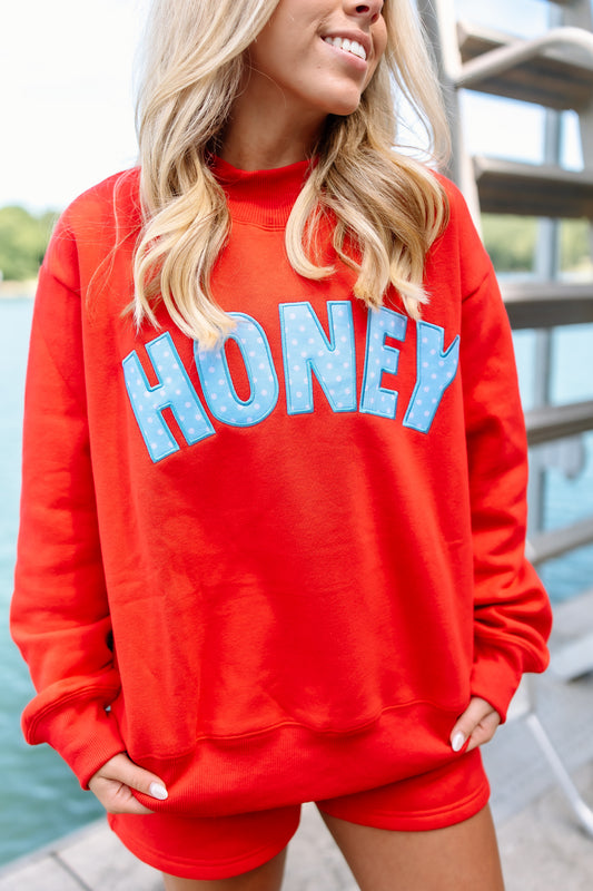 HONEY RED AND BLUE POLKA DOT MOCKNECK