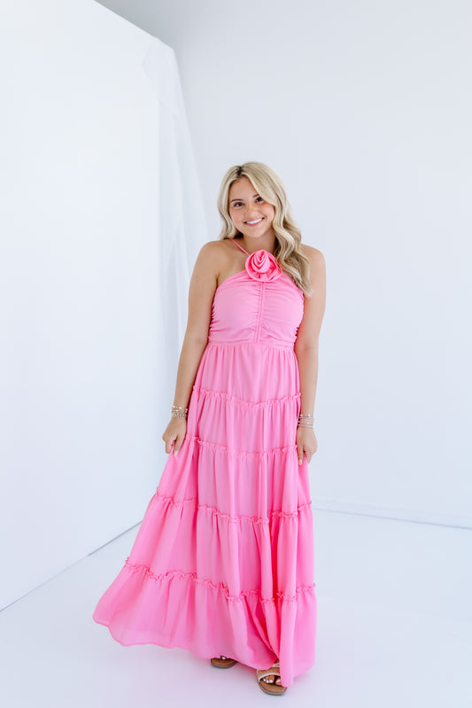 RUCHED ROSETTE TIERED MAXI DRESS