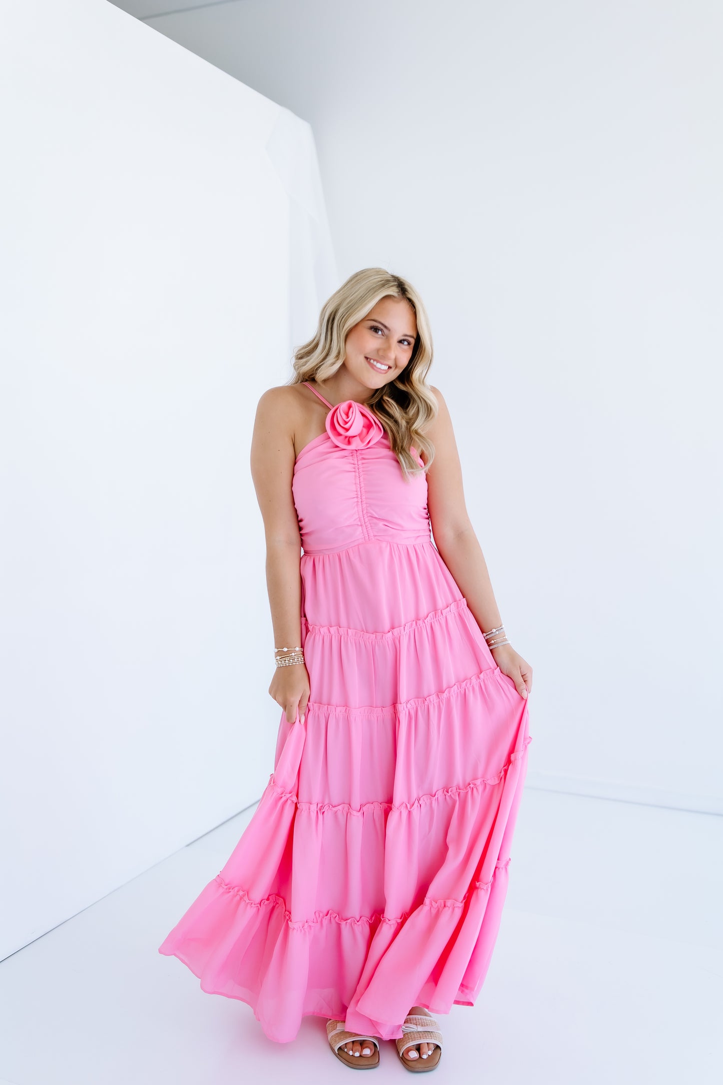 RUCHED ROSETTE TIERED MAXI DRESS