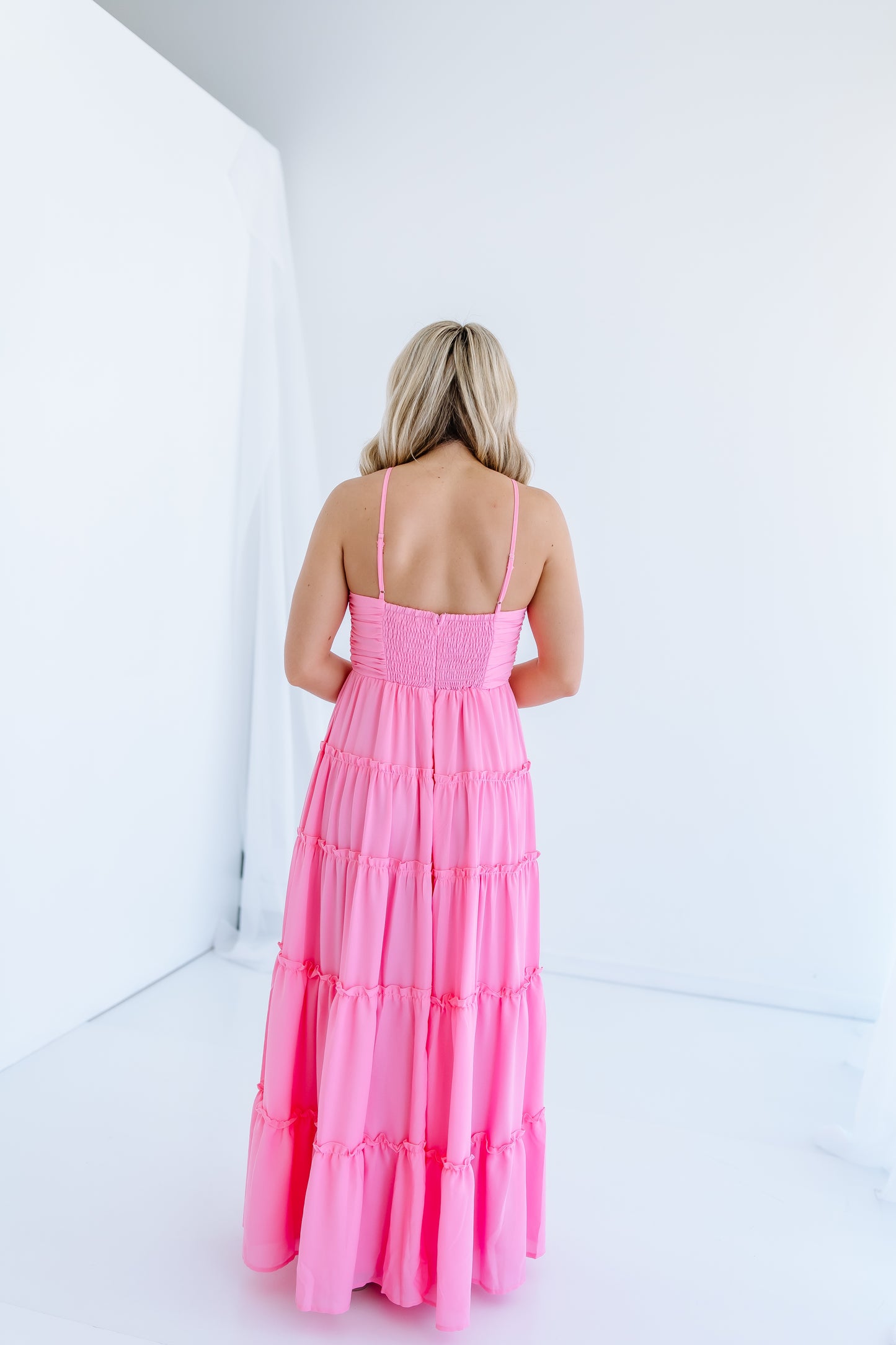 RUCHED ROSETTE TIERED MAXI DRESS