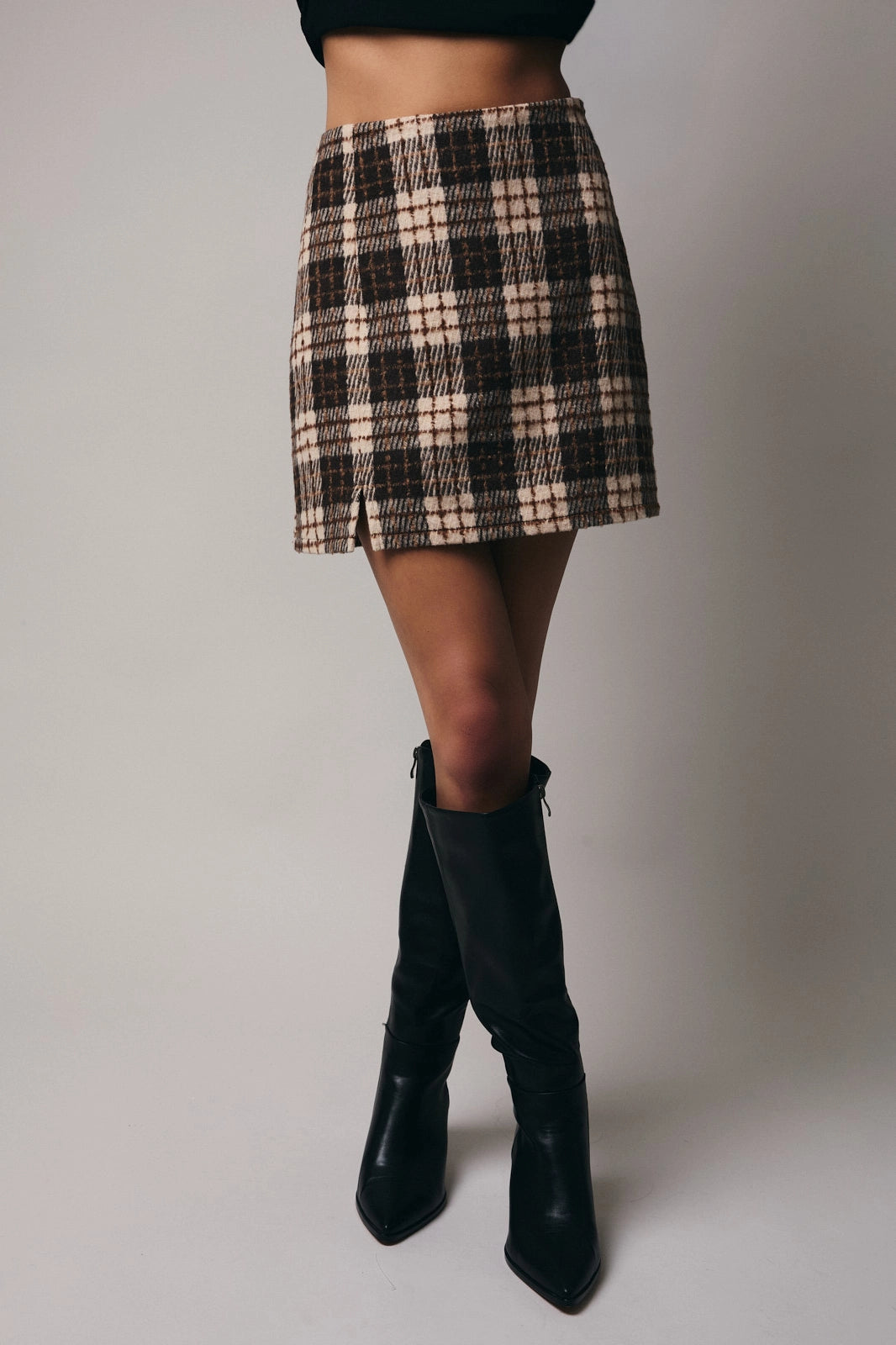 WOOLEN PLAID SLIT SKIRT