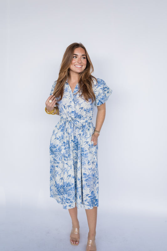 FLORAL PRINT BELTED MIDI DRESS