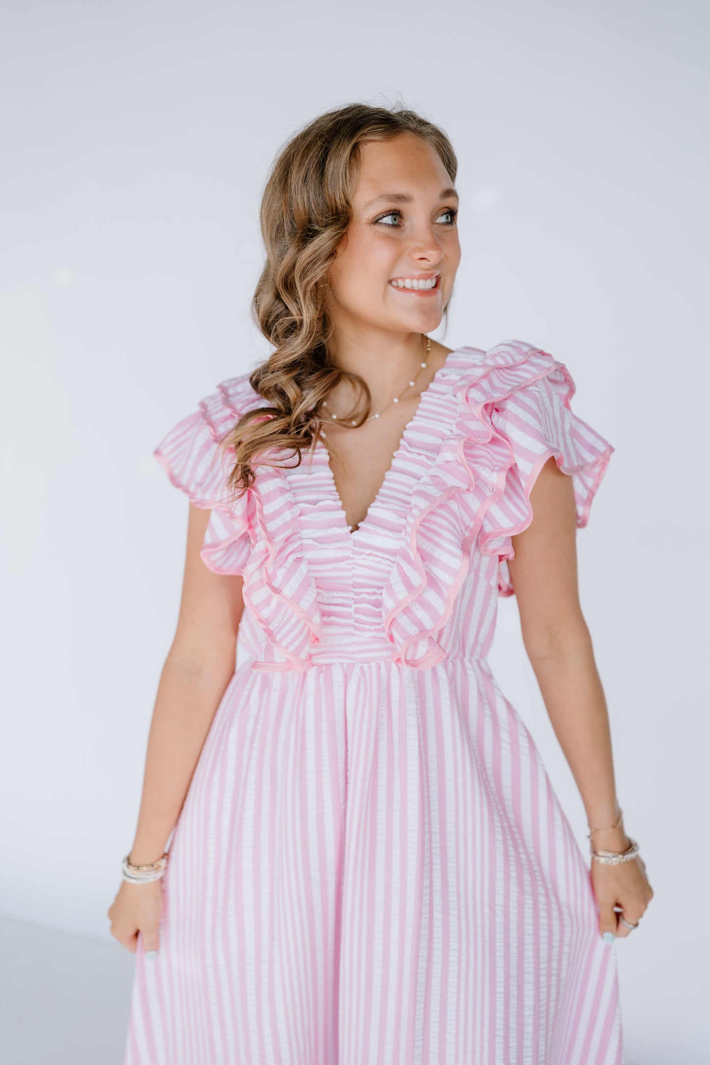 RUFFLE STRIPE VNECK MIDI DRESS