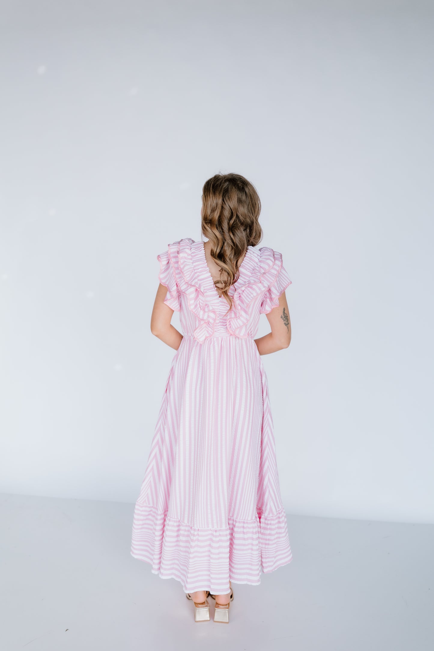 RUFFLE STRIPE VNECK MIDI DRESS