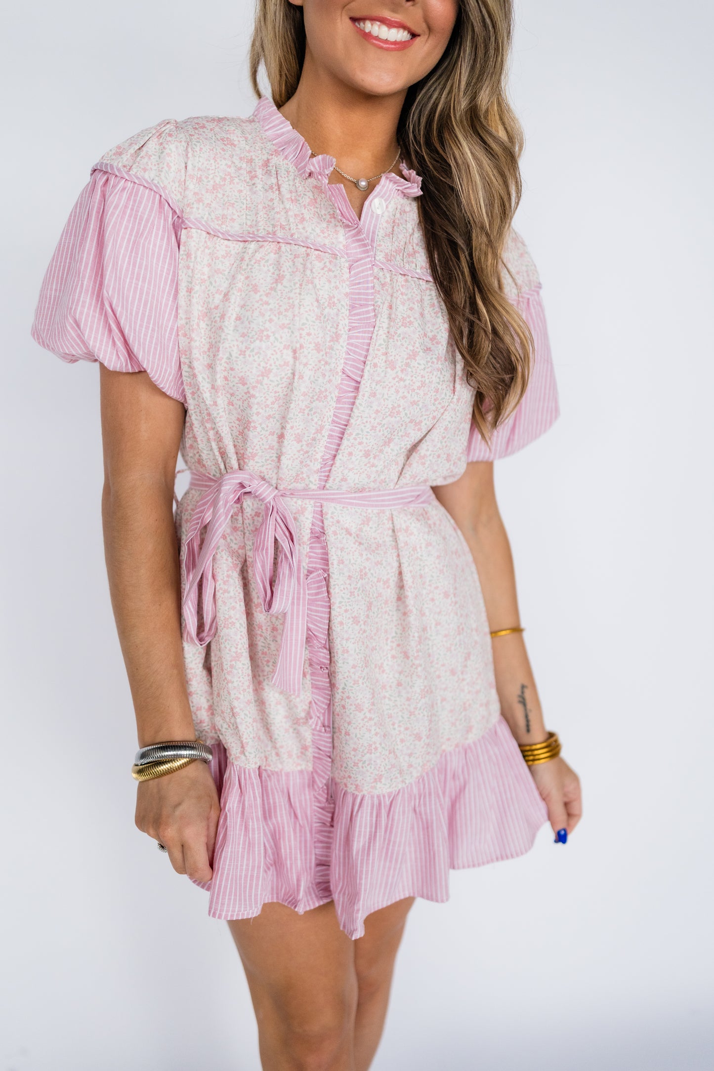 MIXED PRINT RUFFLE MINI DRESS