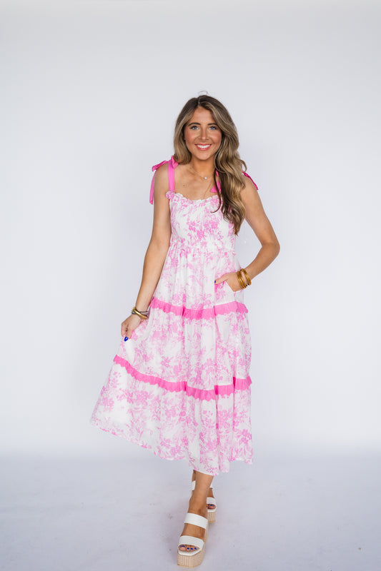 SMOCKED FLORAL SCALLOP TRIM MIDI DRESS