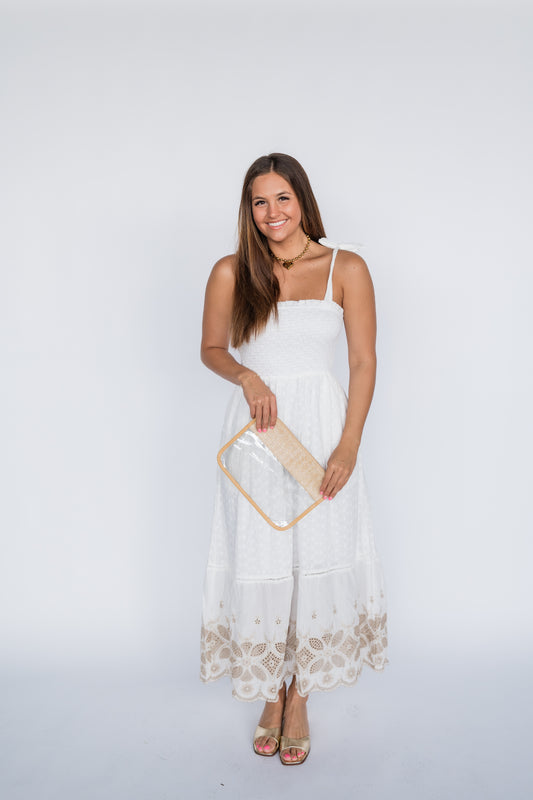 EMBROIDERY SHOULDER TIE MAXI DRESS