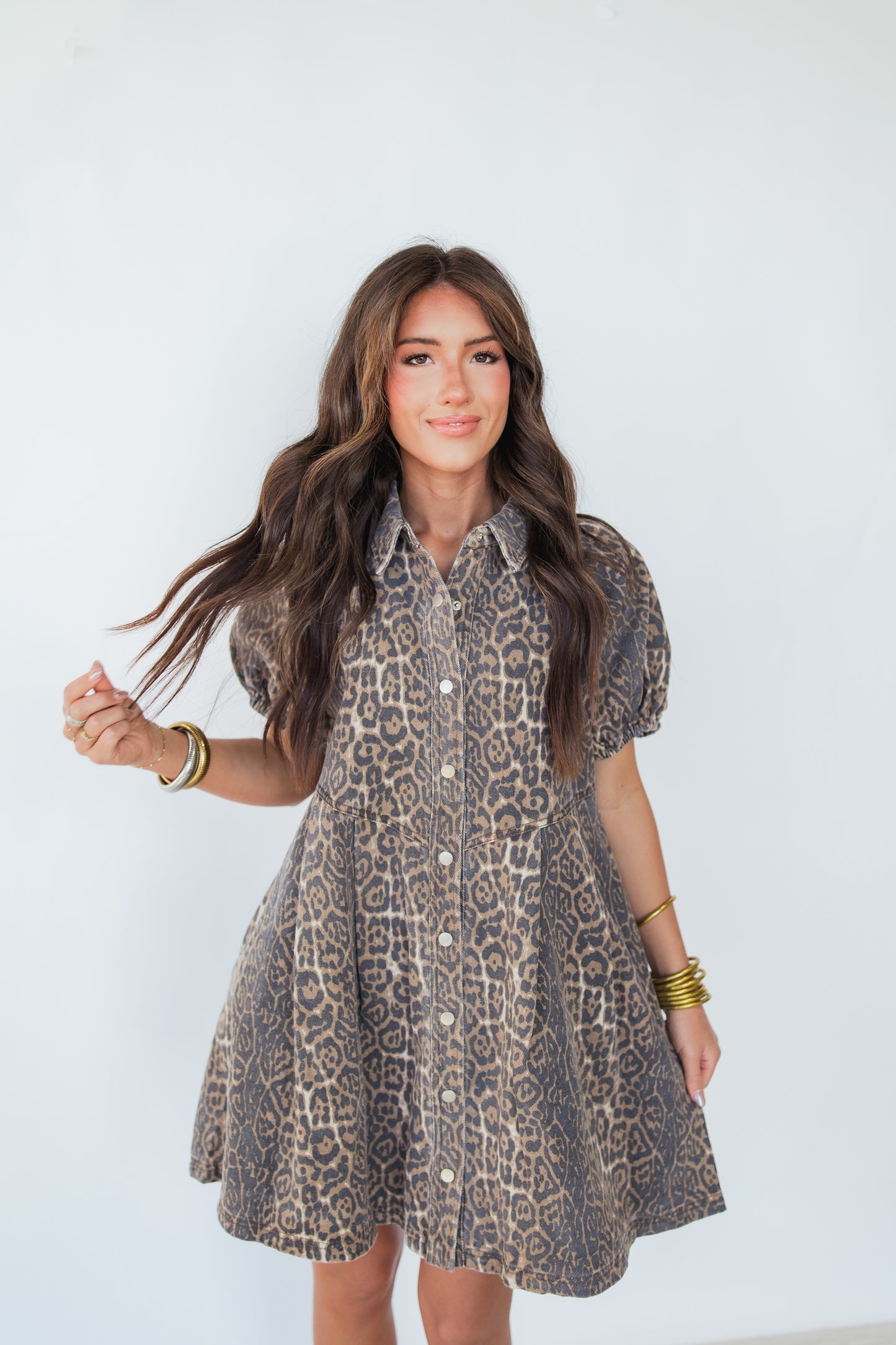 STOP THE SHOW LEOPARD DENIM DRESS