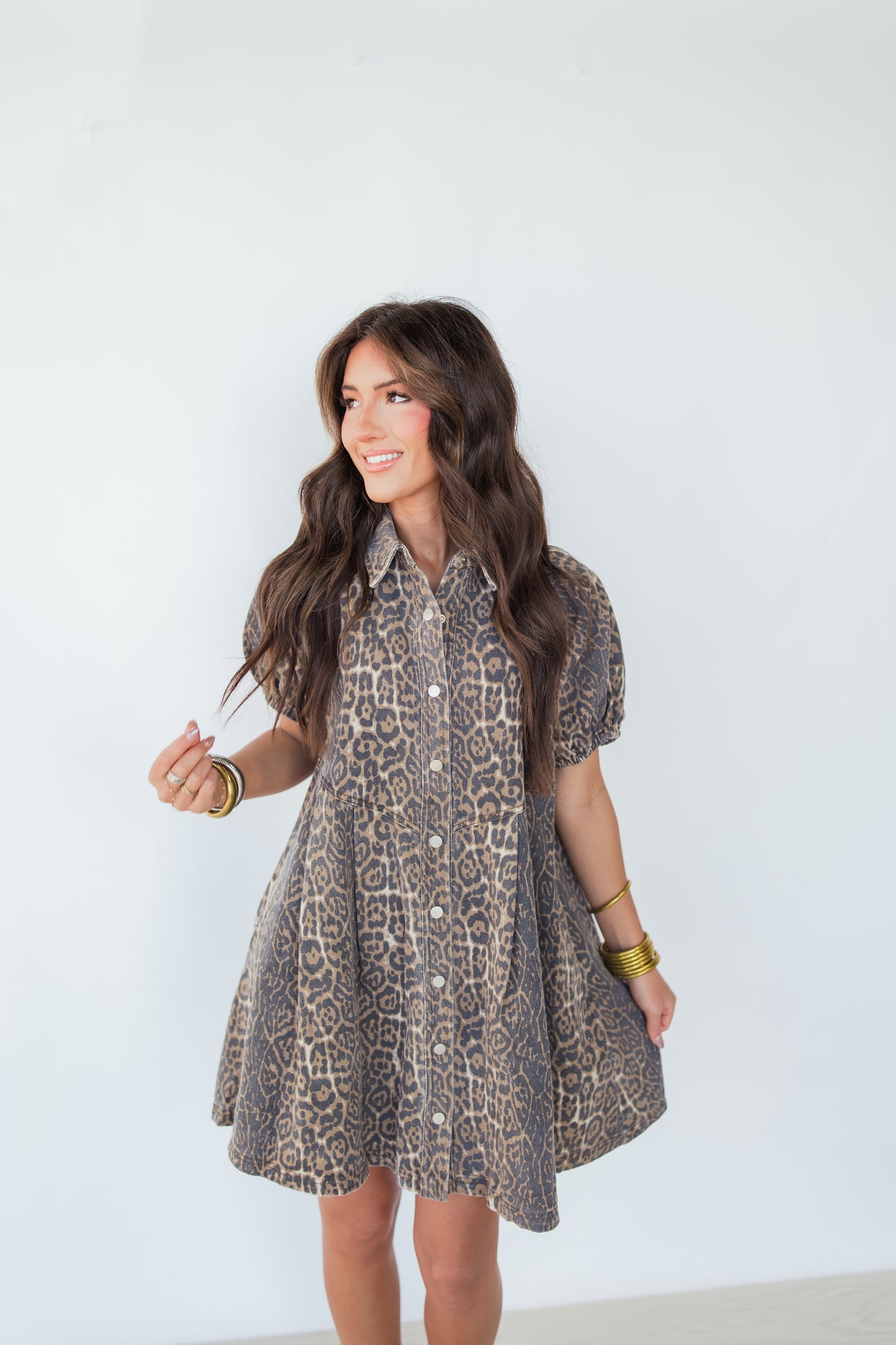 STOP THE SHOW LEOPARD DENIM DRESS