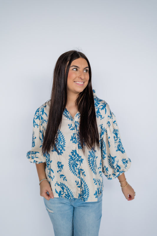 BUBBLE SLEEVE BUTTON DOWN BLOUSE