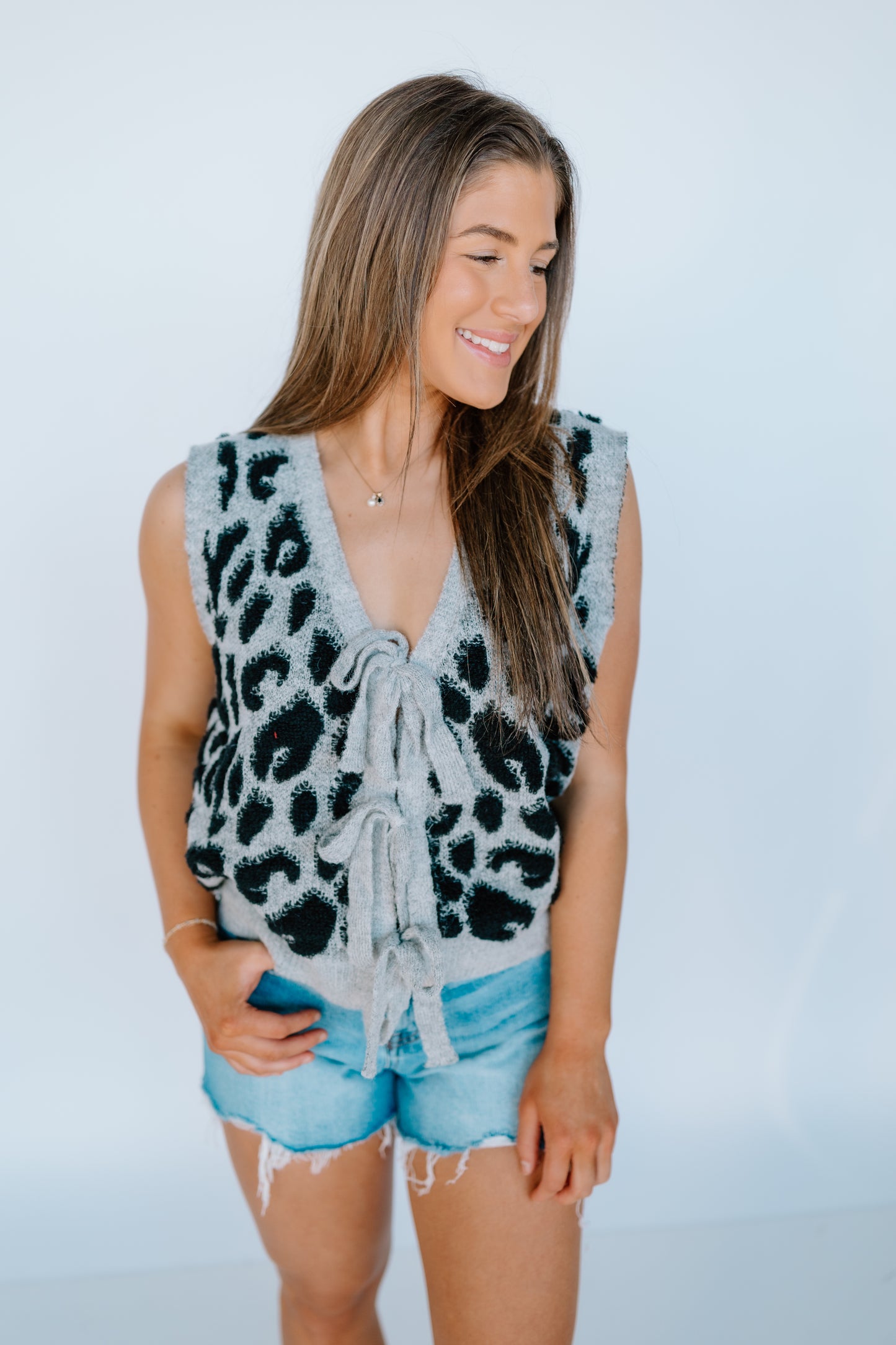 TIE FRONT LEOPARD SWEATER TOP