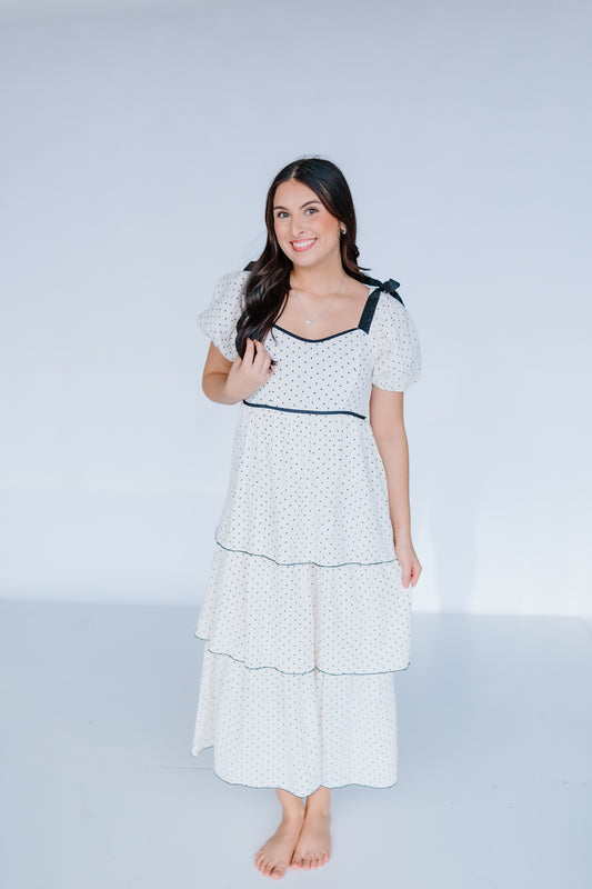 POLKADOT PUFF SLEEVE TIERED MIDI DRESS