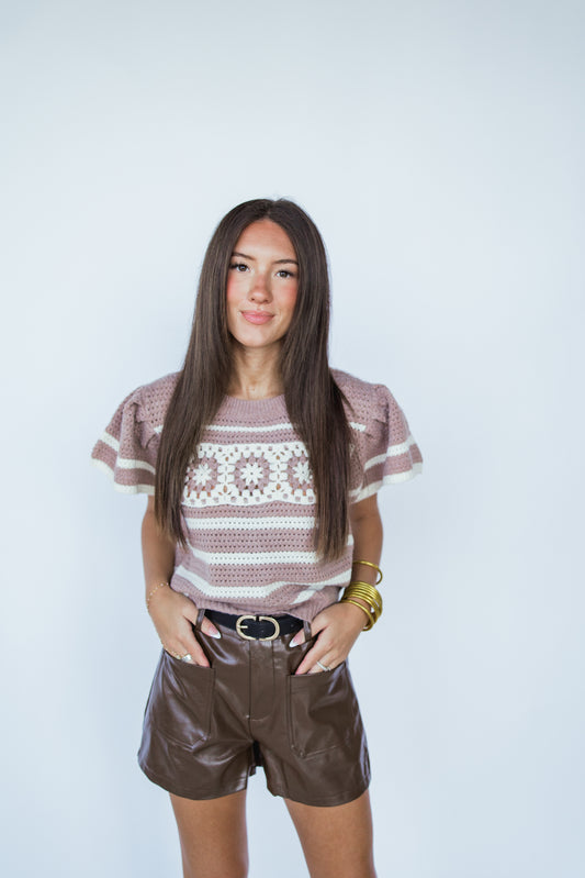 MOCHA FLUTTER SLEEVE KNIT TOP