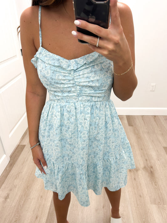 CRYSTAL BLUE RUFFLE MINI DRESS