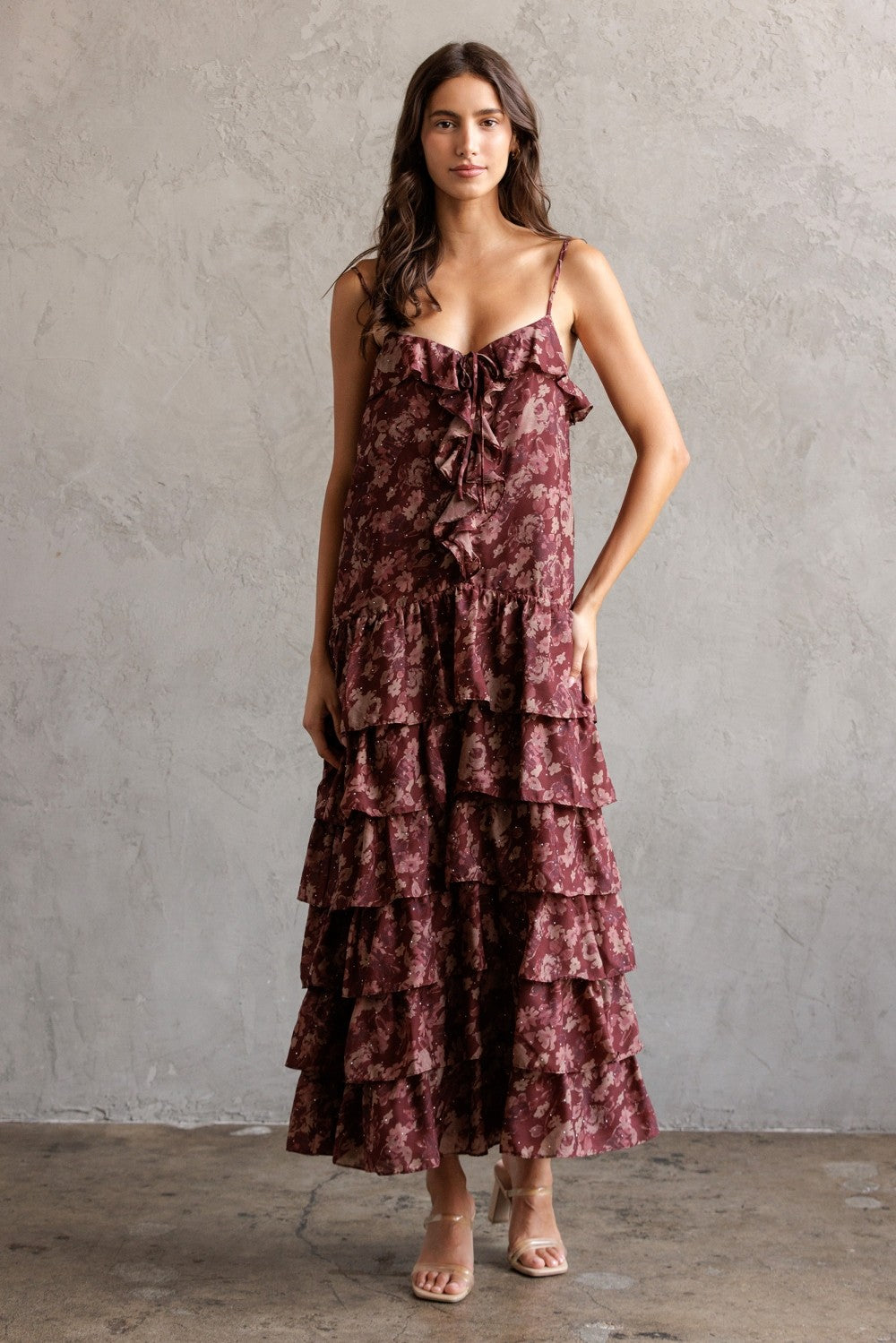 FALL LEAVES FLORAL RUFFLED TIERED MAXI DRESS
