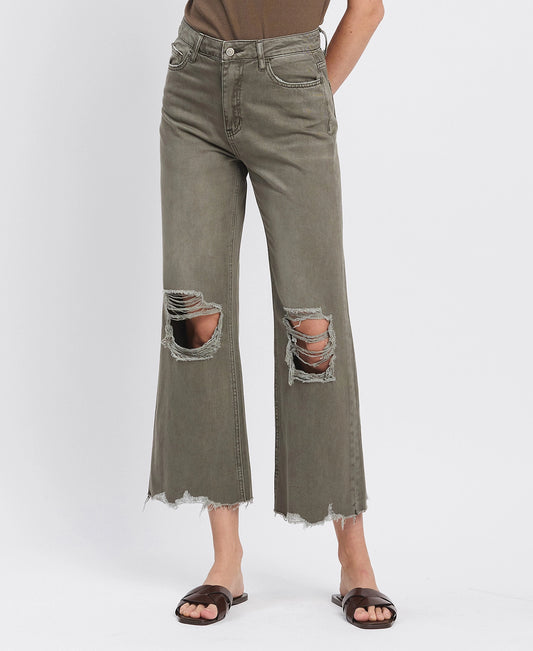 90S VINTAGE SUPER HIGH RISE CROP FLARE JEANS