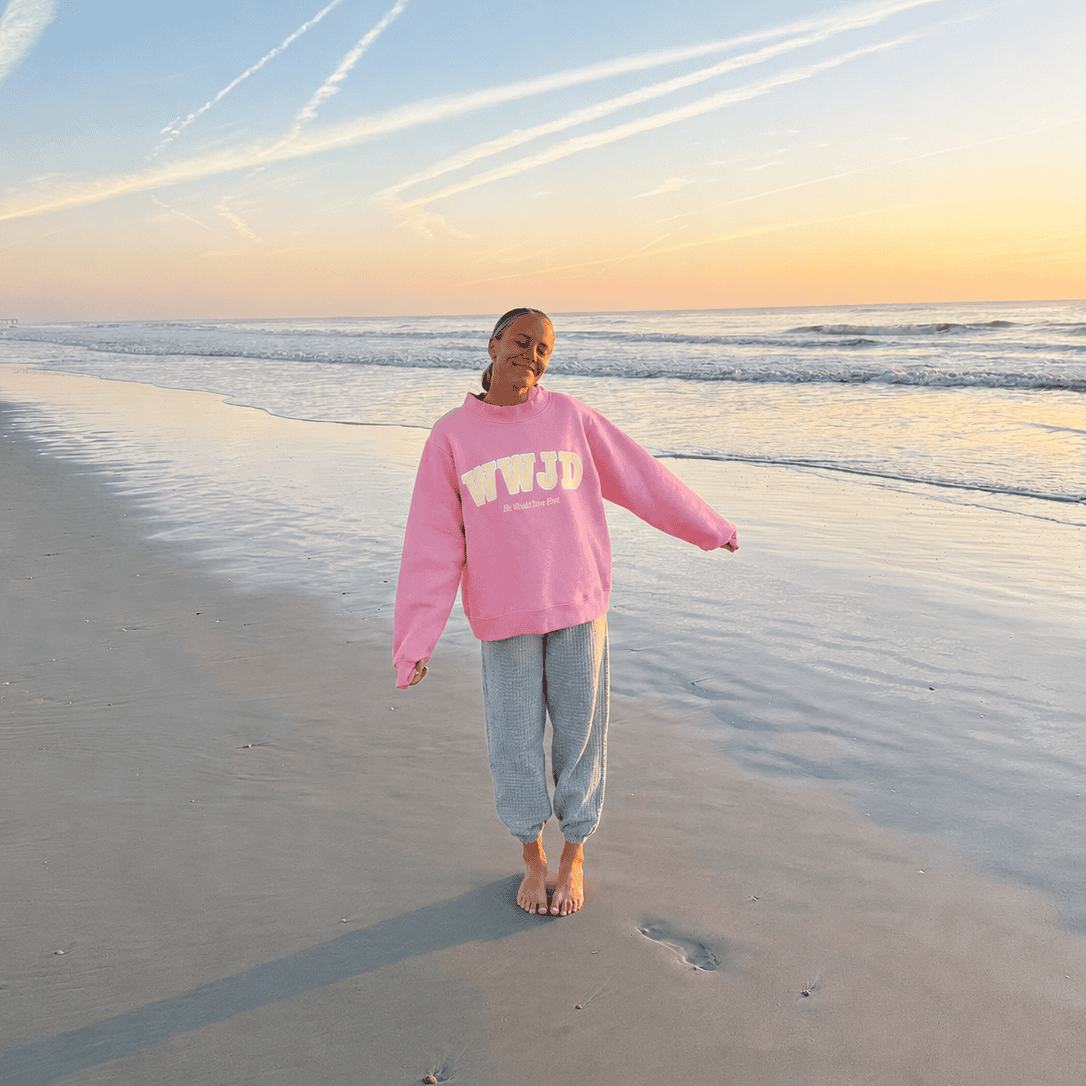 WWJD PINK AND YELLOW HEAVY WEIGHT MOCKNECK CREW