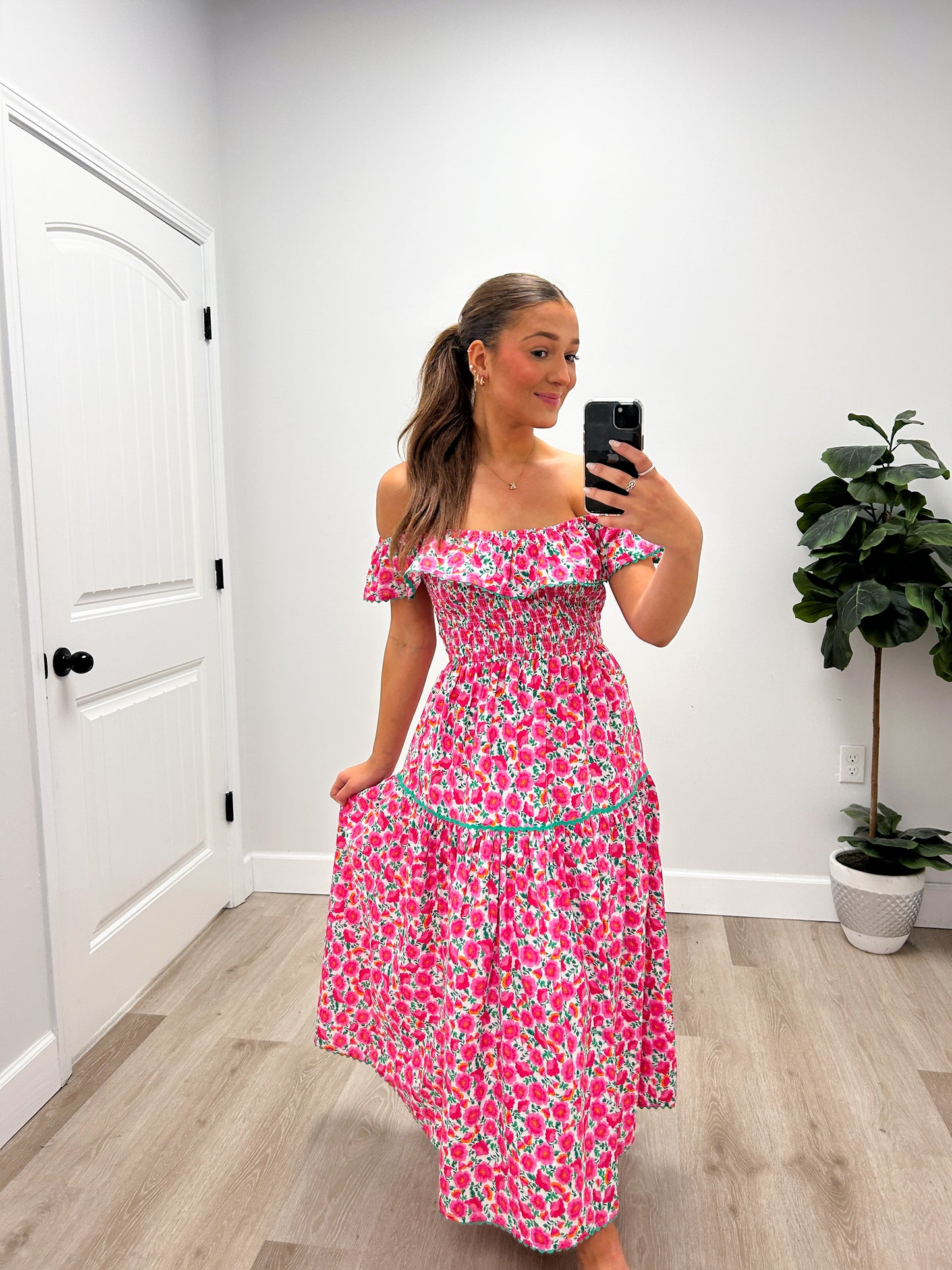 TO THE LAKE SMOCKED MIDI DRESS