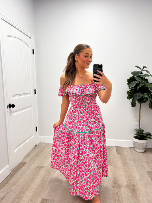 TO THE LAKE SMOCKED MIDI DRESS