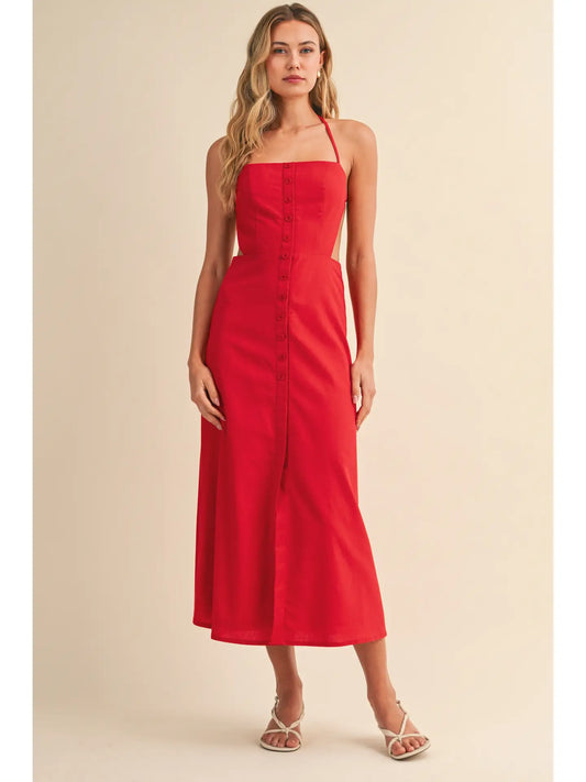 UP STATE LINEN HALTER MIDI DRESS