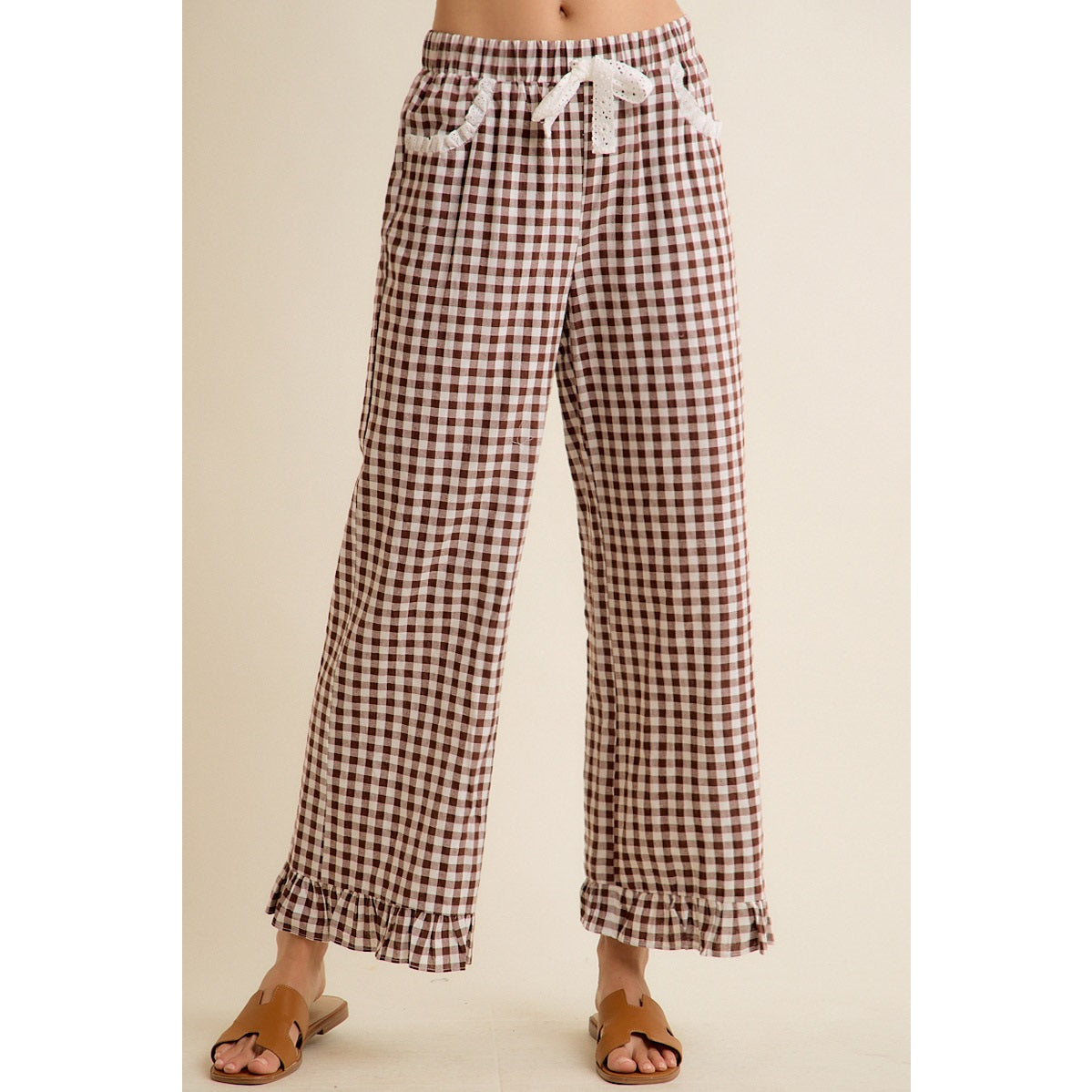 GINGHAM LACE RUFFLED PANTS