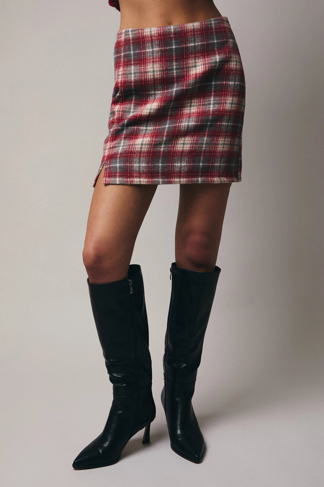 WOOLEN PLAID SLIT SKIRT