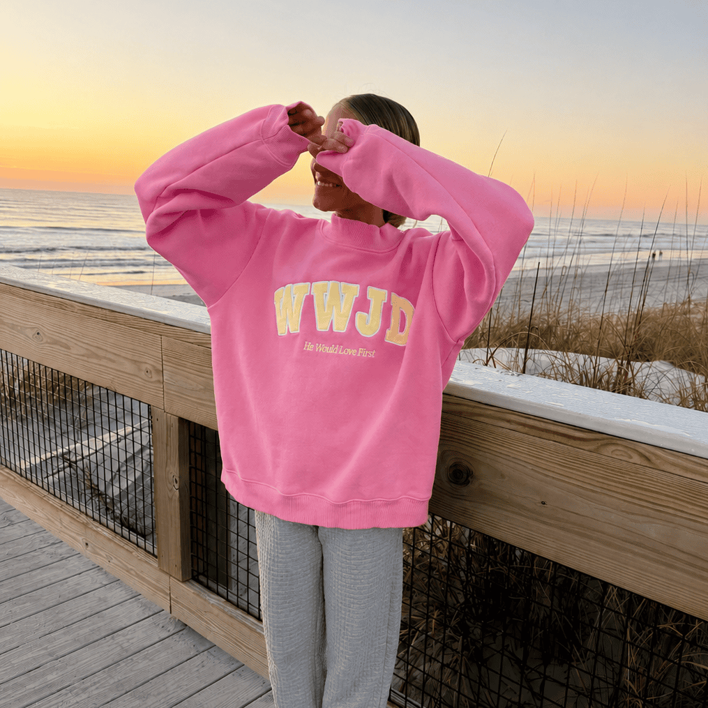 WWJD PINK AND YELLOW HEAVY WEIGHT MOCKNECK CREW