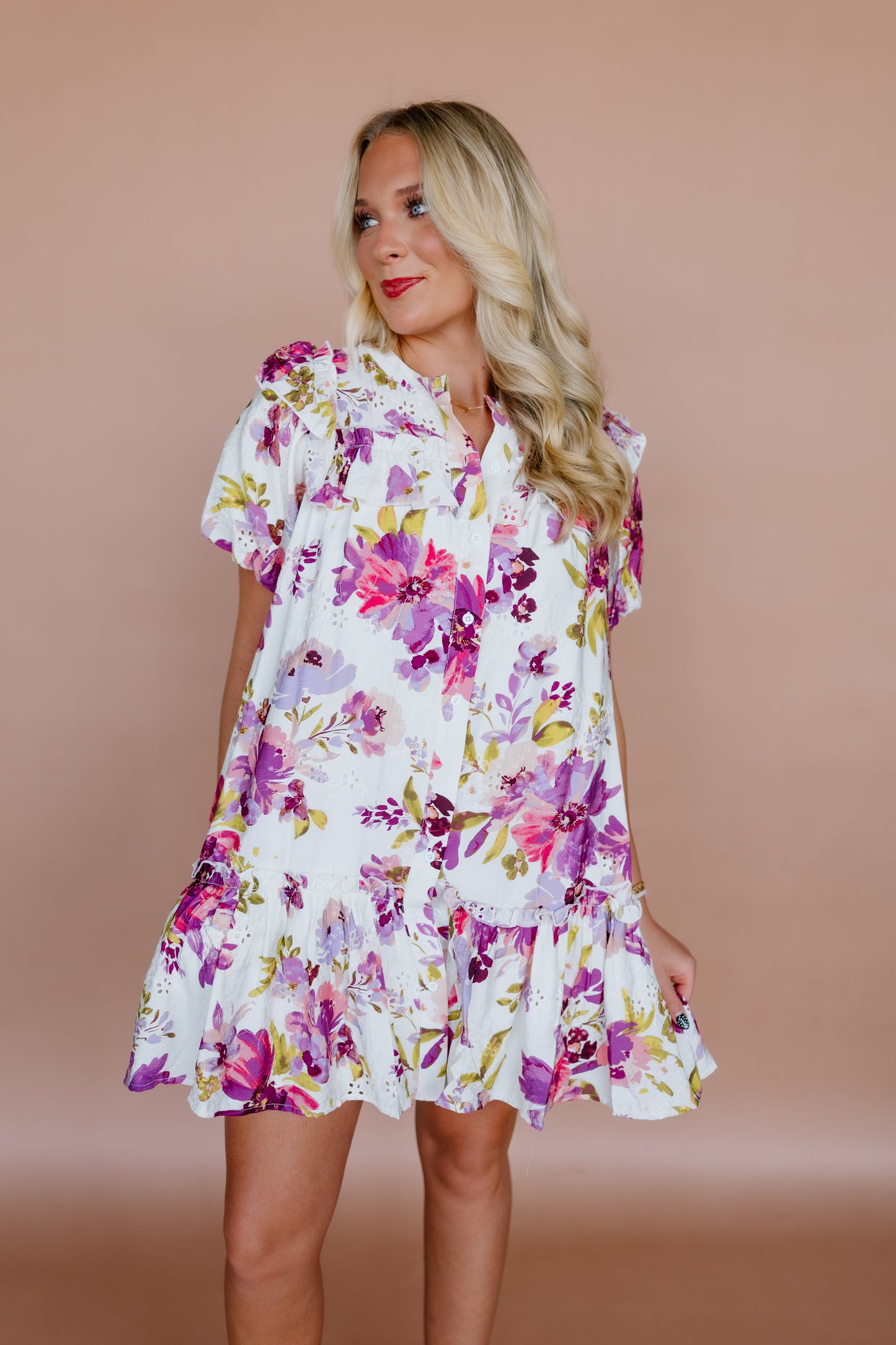 RUFFLE YOKE FLORAL MINI DRESS