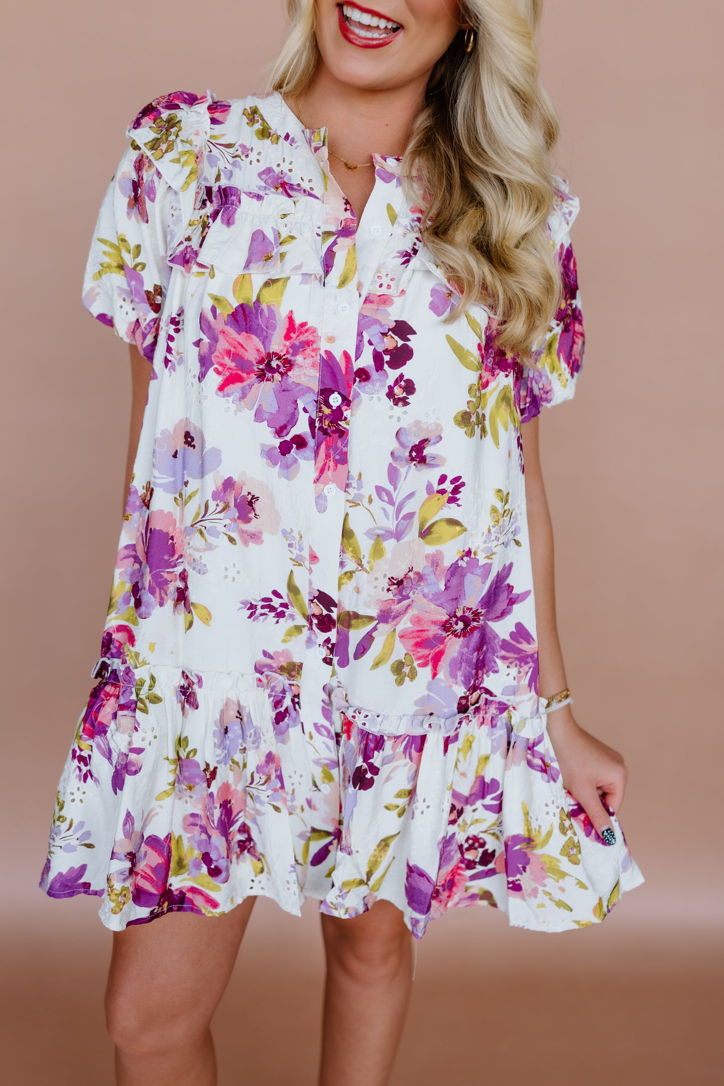RUFFLE YOKE FLORAL MINI DRESS