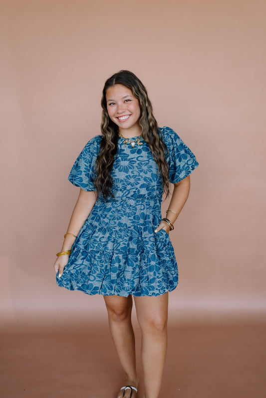 BLUE FLORAL BUBBLE HEM DRESS